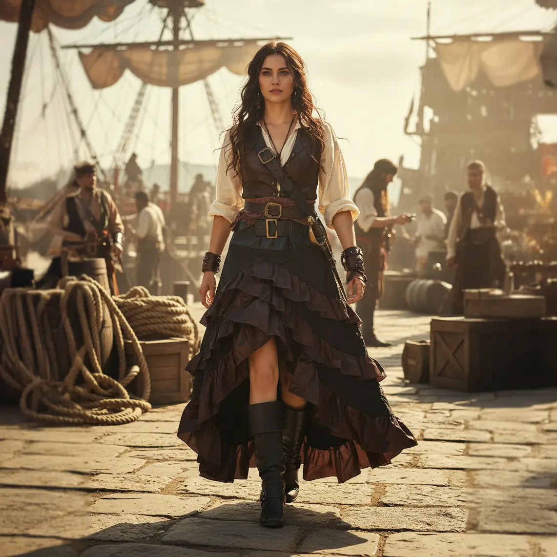 Jupe longue des vents marins portée sur un port pirate, ambiance aventurière.