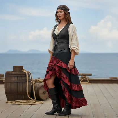 Jupe longue des vents marins portée sur le ponton en bois d’un ancier port.