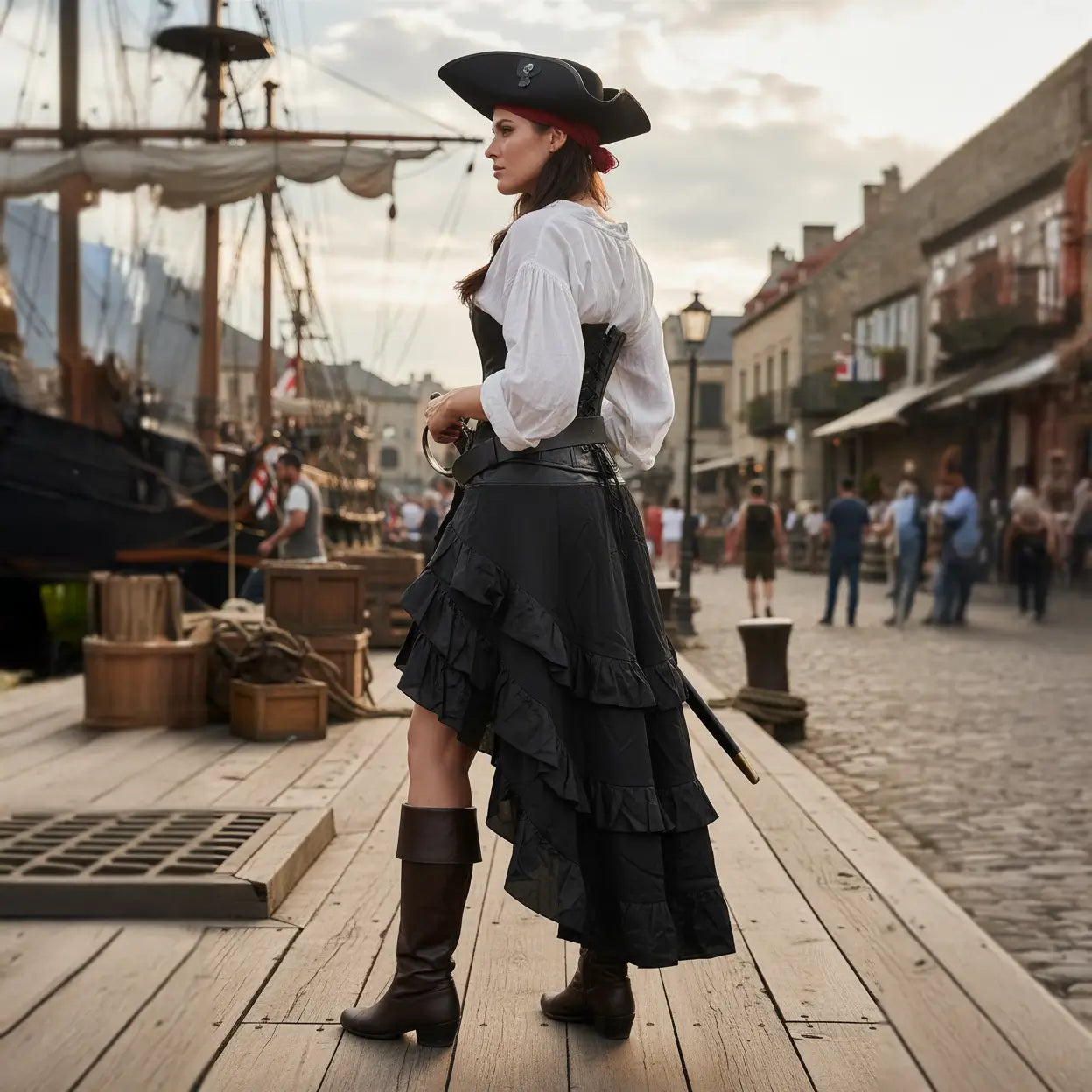Jupe longue des vents marins portée en ville portuaire, style pirate chic.
