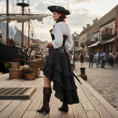 Jupe longue des vents marins portée en ville portuaire, style pirate chic.