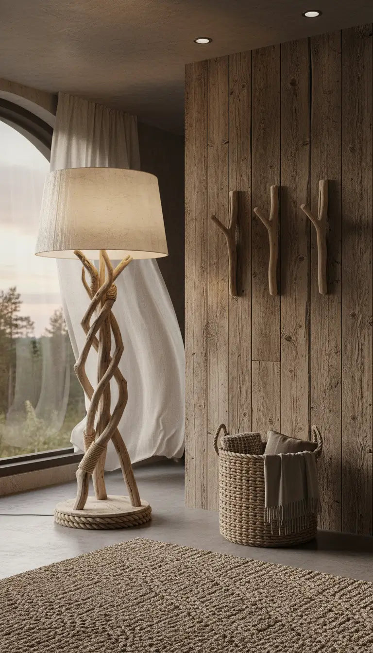 Décoration intérieur avec une lampe en bois flotté, un panier en osier, mur en bois, ambiance marine chalereuse.