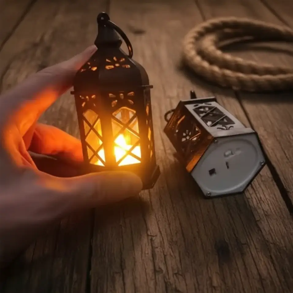  Lanterne rétro tenue à la main diffusant une lumière chaude sur table en bois.