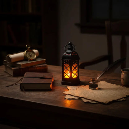 Lanterne rétro éclairant un bureau en bois lors d’une veillée nocturne.
