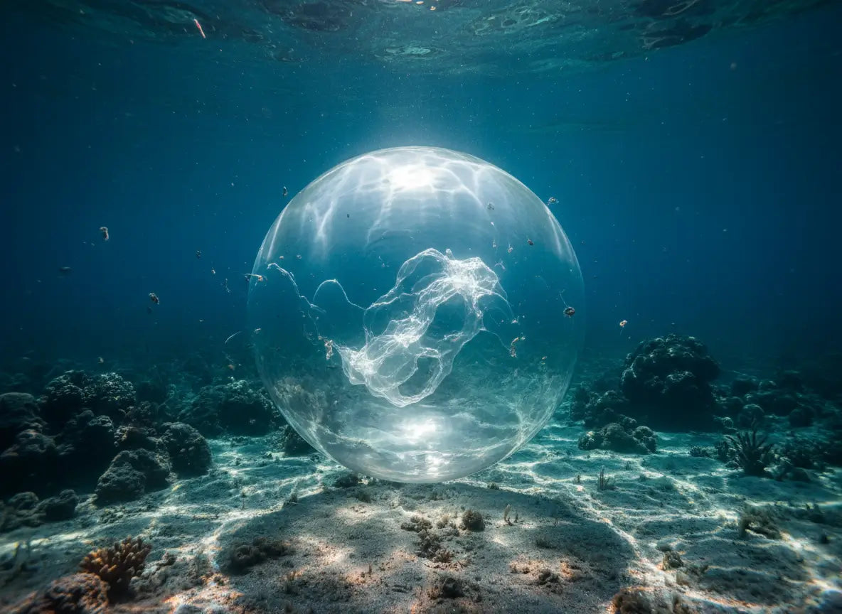 Le coeur du paradoxe représenté par une bulle d'espace temps sous l'eau.