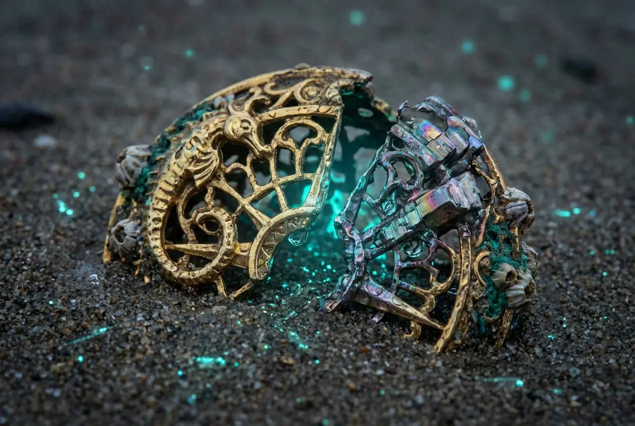 Vue rapprochée du fragment du Vermeil qui combine de l'or pur à un métal inconnu bioluminescent vert dans un décor de sable noir.