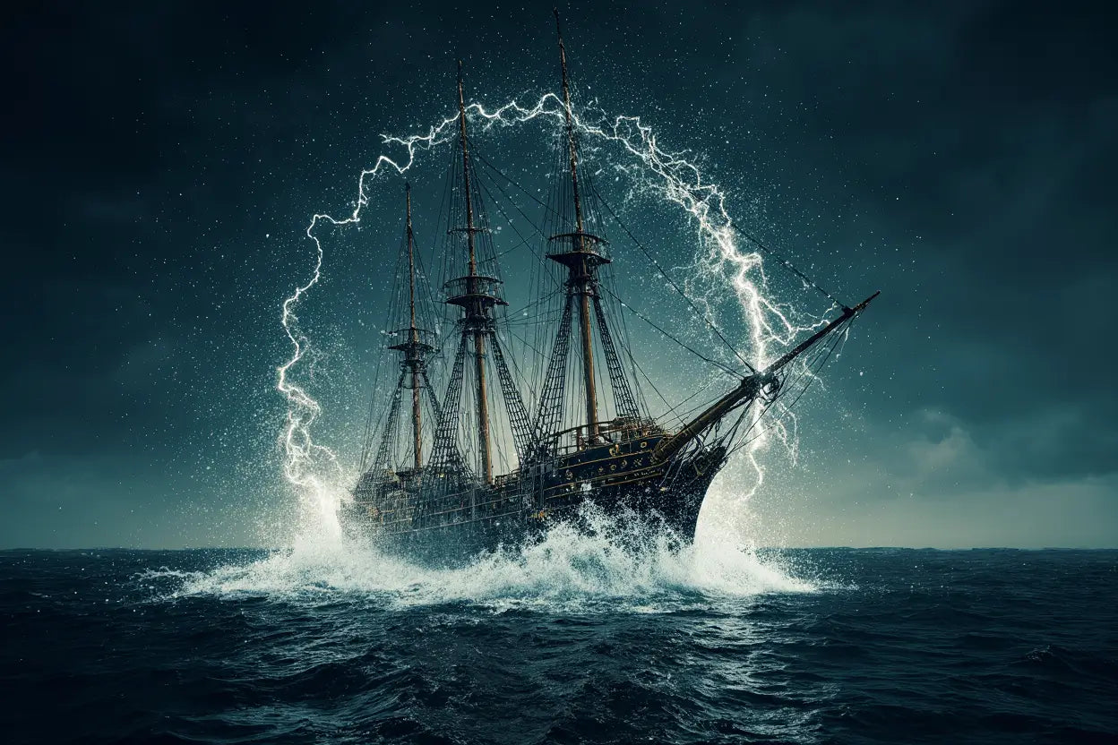 Le navire du Voyageur-Courbe pris dans la tempête au cœur d'éclairs provenant des profondeurs, entourant le navire.