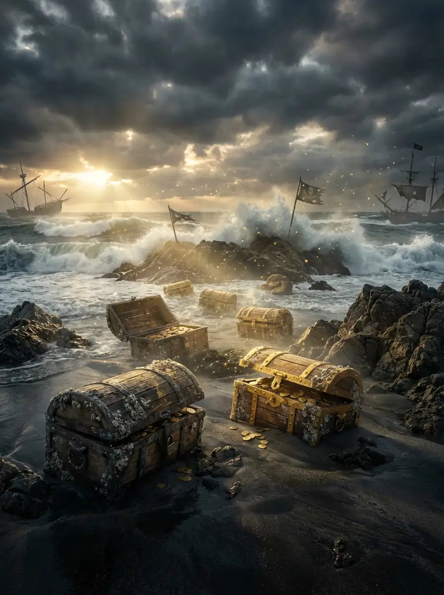 Les sept coffres de l'Aube sur un bout de terre avec la mer déchainée en arrière-plan.
