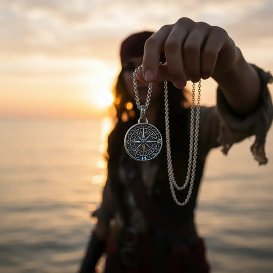Main tenant un collier Rose des Vents face à la mer au coucher du soleil, bijou représentant la destinée et la recherche de direction.