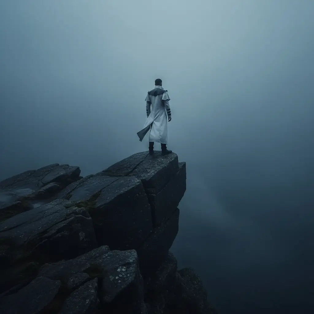 Manteau du Capitaine des Abysses blanc porté au sommet d’une falaise dans la brume.