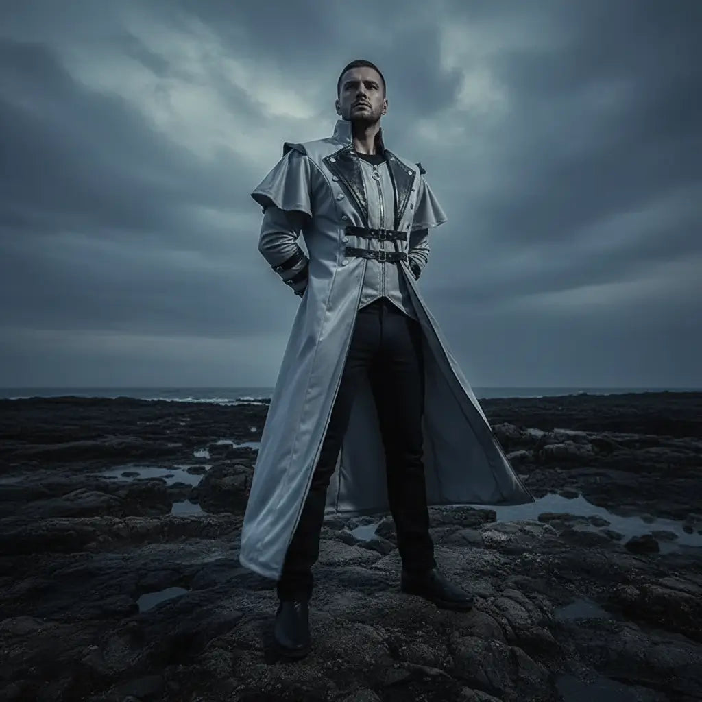 Manteau du Capitaine des Abysses blanc porté sur une falaise face à l’océan.