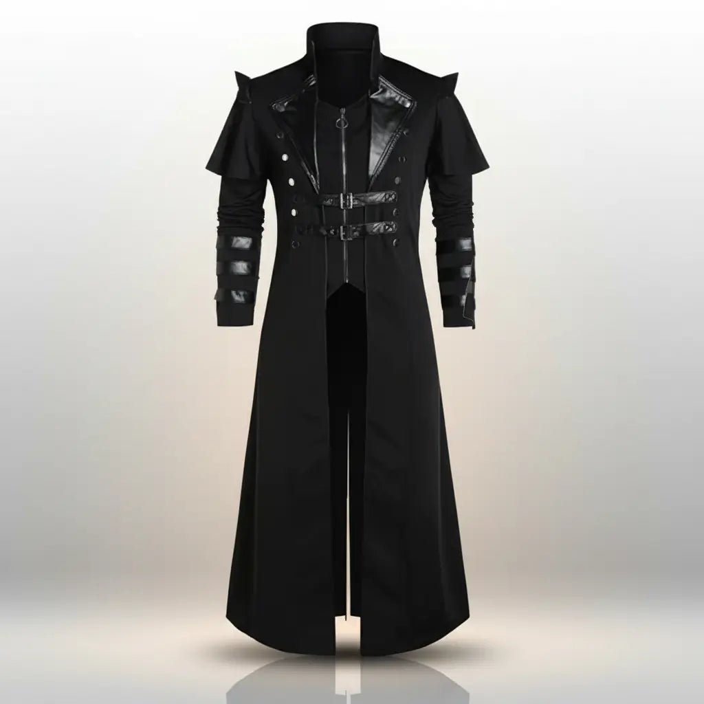 Manteau du Capitaine des Abysses noir vu de face, coupe longue et structurée.