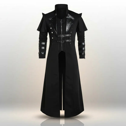 Manteau du Capitaine des Abysses noir vu de face, coupe longue et structurée.