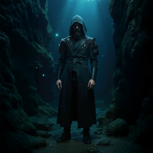 Manteau du Capitaine des Abysses porté dans une gorge sombre aux profondeurs abyssales.