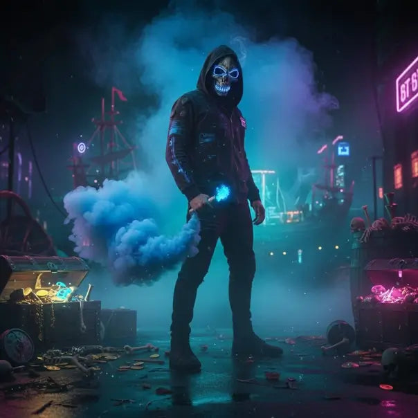 Masque LED bleu porté dans une atmosphère nocturne de pirate moderne punk.