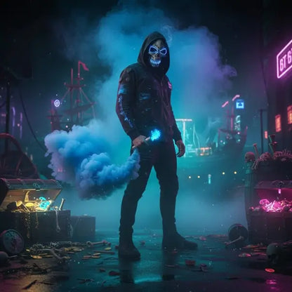 Masque LED bleu porté dans une atmosphère nocturne de pirate moderne punk.