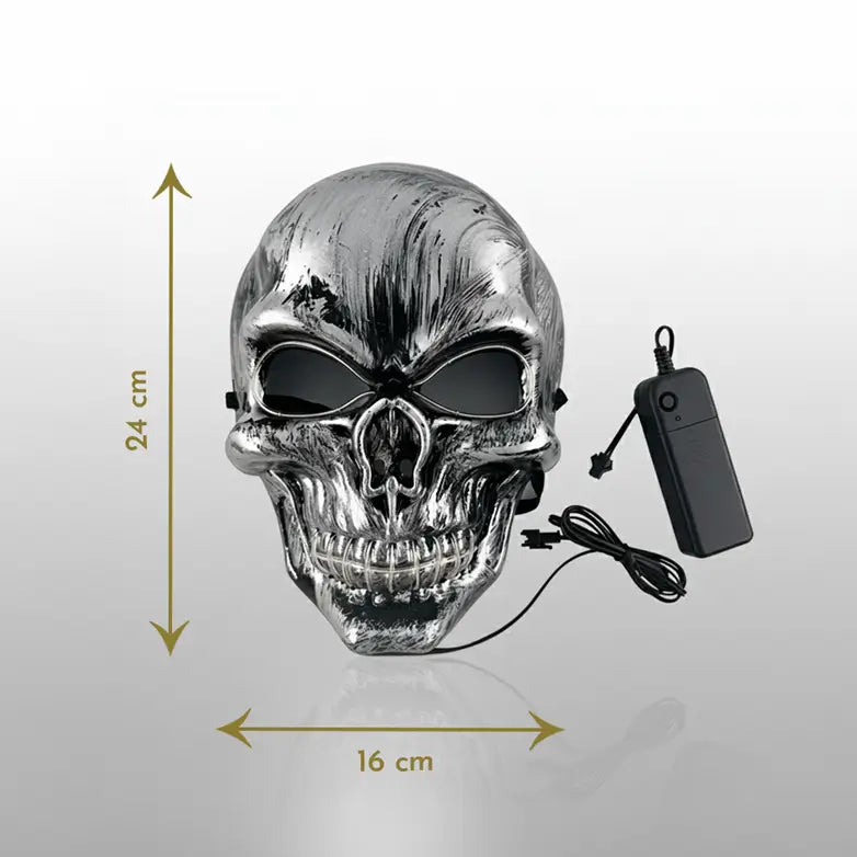 Dimensions du masque LED crâne : 24 cm de haut, 16 cm de large, avec boîtier d’alimentation visible.