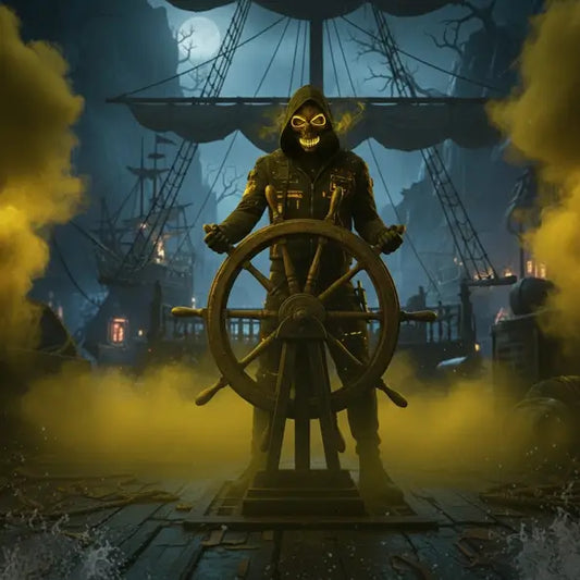 Capitaine pirate portant le masque LED jaune, à la barre de son navire avec fumigènes jaunes en arrière-plan.