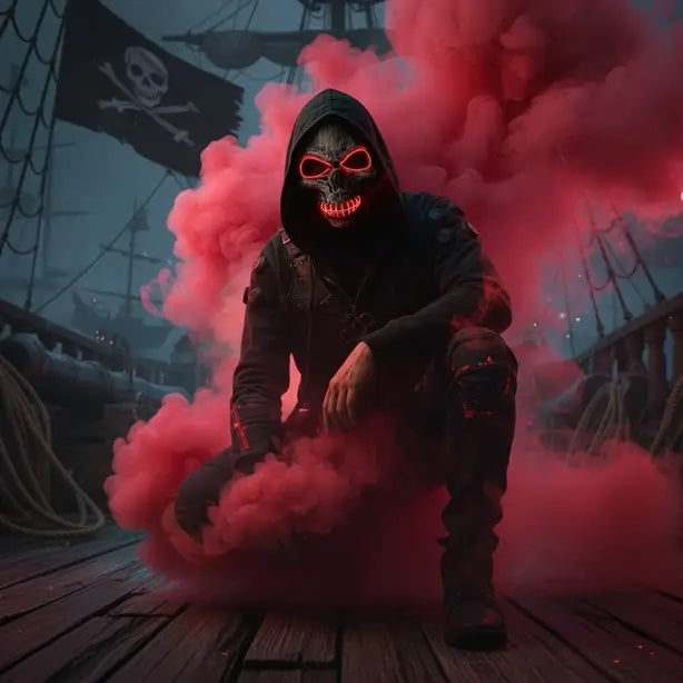Personnage masqué accroupi sur un navire pirate, portant le masque LED rouge avec fumigène rouge ambiance ténèbres cyberpunk.
