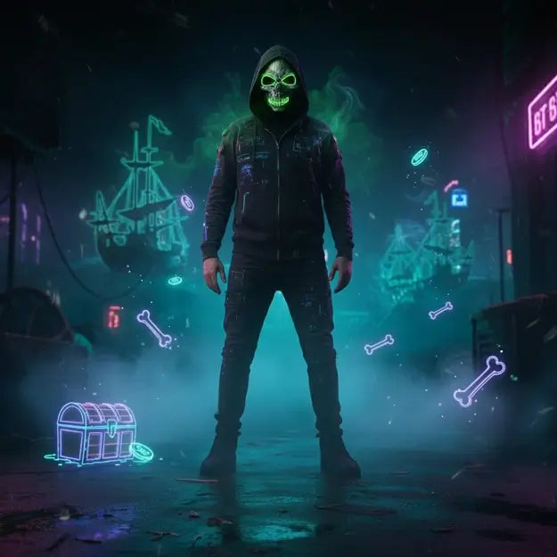 Homme masqué en costume sombre portant un masque LED vert dans une ambiance brumeuse verte et cyberpunk.