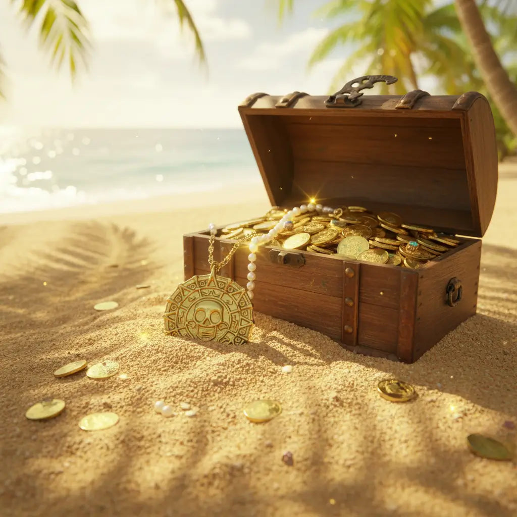 Médaillon pirate doré suspendu devant un coffre rempli de pièces d’or sur une plage des Caraïbes, bijou au style trésor ancien.