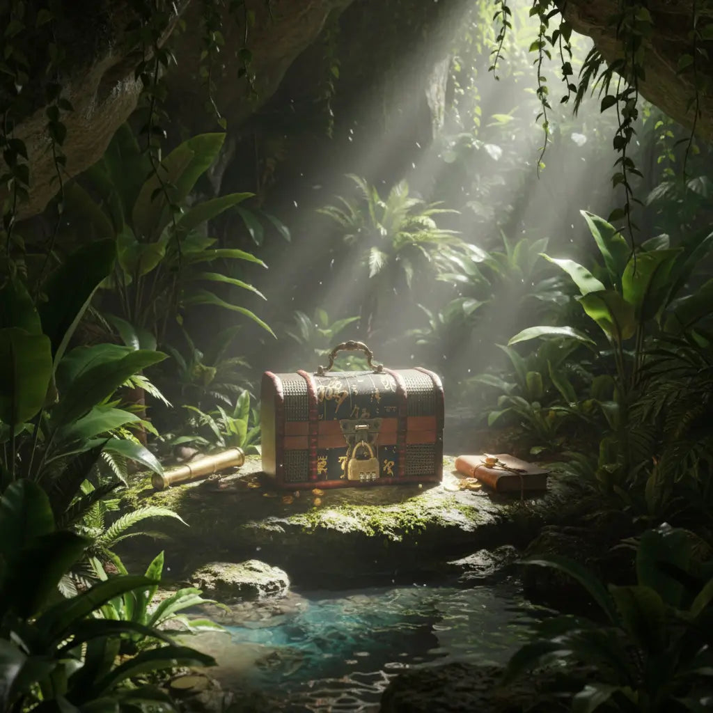Mini coffre runique caché dans une jungle mystérieuse avec rayon de lumière.