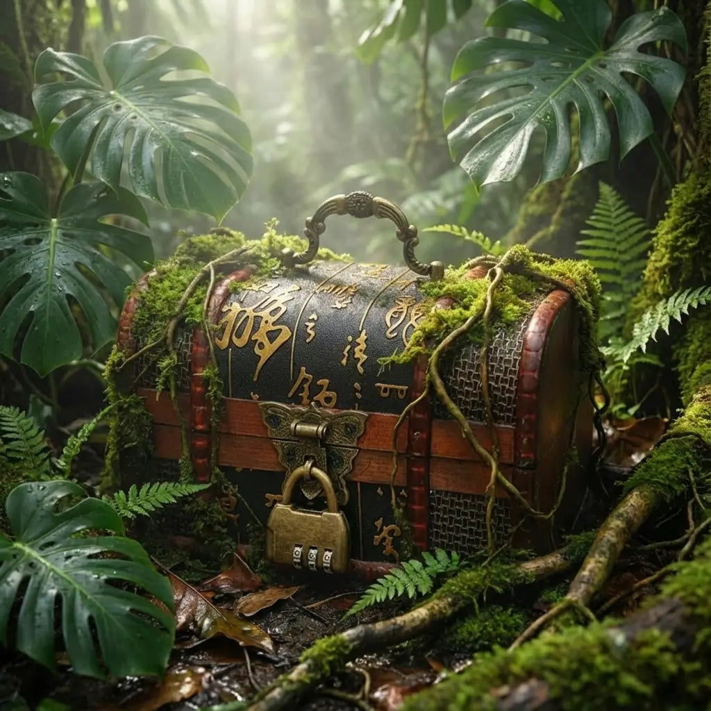 Mini coffre runique de la gamme Trésor posé au sol dans une jungle ancienne, recouvert partiellement de mousse.