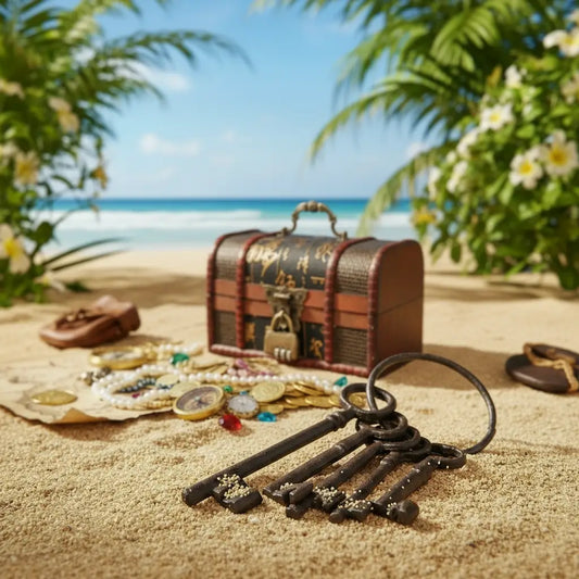 Mini coffre runique de la gamme Trésor posé sur le sable avec clés anciennes.