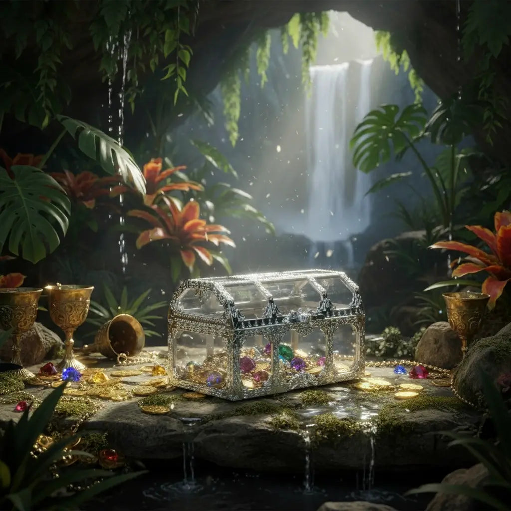Mini-coffre transparent argenté posé dans la jungle, cascade et lumière tropicale.