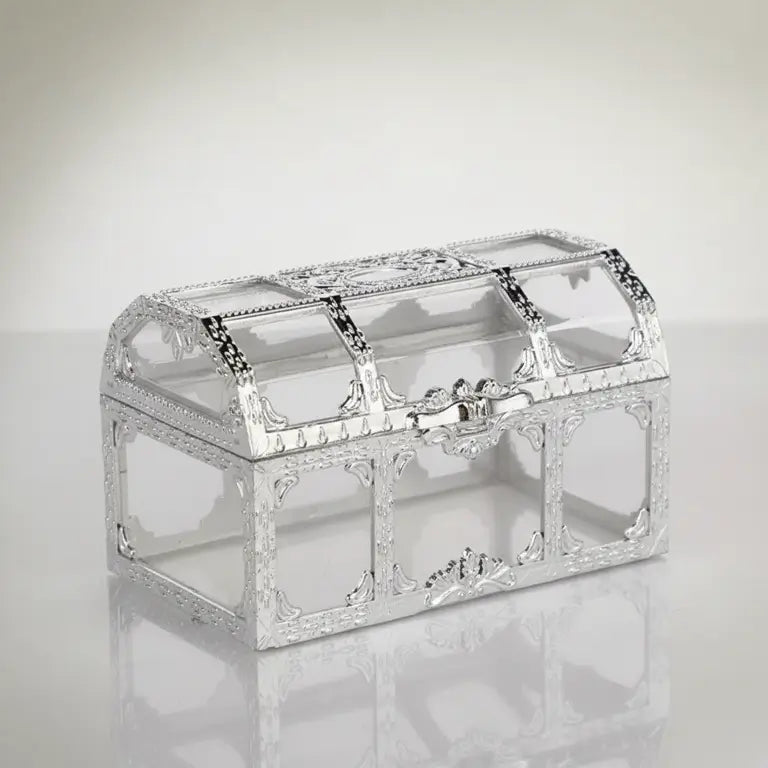 Mini-coffre transparent argenté sur fond clair, design raffiné avec reflets métalliques.