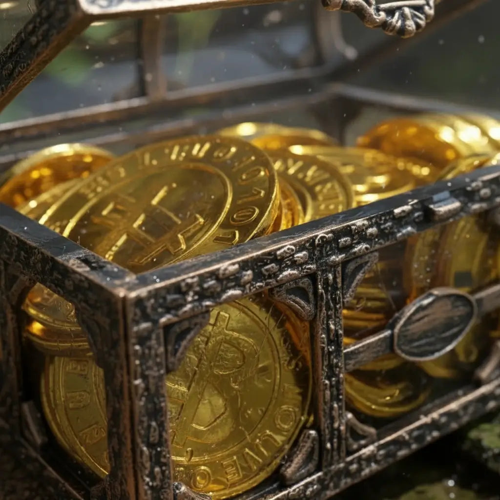 Gros plan sur le mini-coffre transparent bronze rempli de pièces d’or.