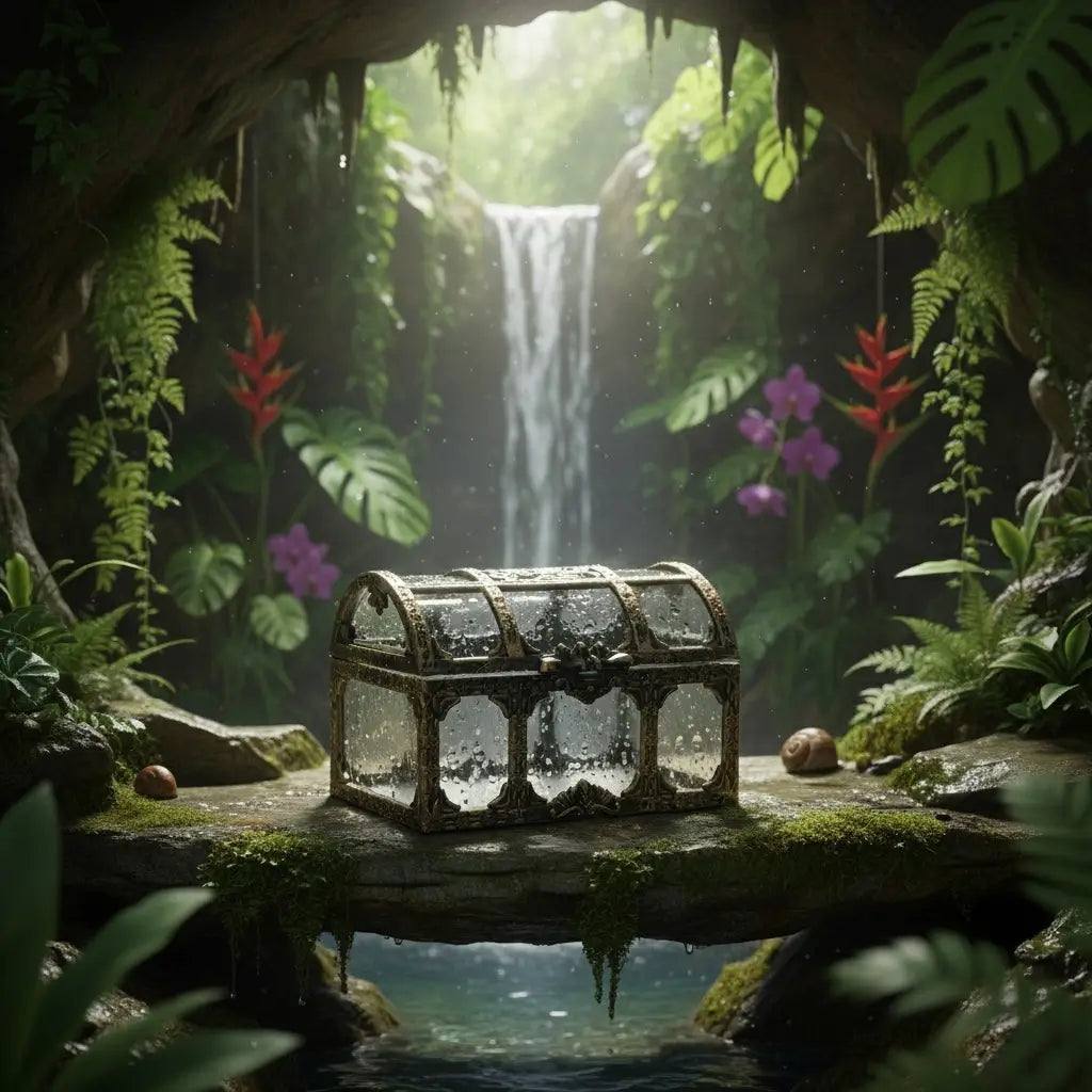 Mini-coffre transparent bronze exposé dans la jungle, ambiance exotique et aventurière.