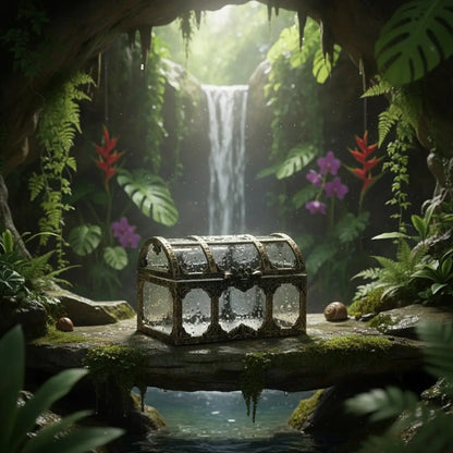 Mini-coffre transparent bronze exposé dans la jungle, ambiance exotique et aventurière.