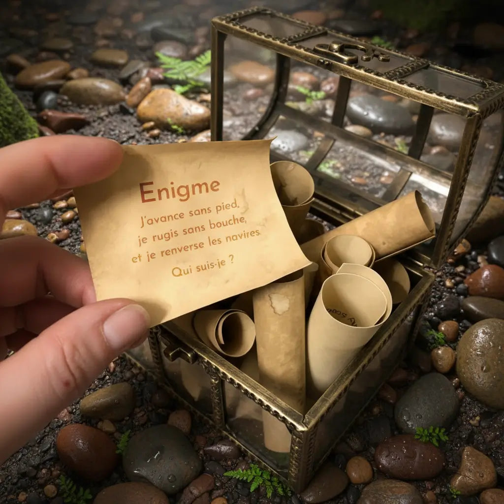 Mini-coffre transparent bronze ouvert avec parchemins et message d’énigme : “J’avance sans pied, je rugis sans bouche et je renverse les navires. Qui suis-je ?”.
