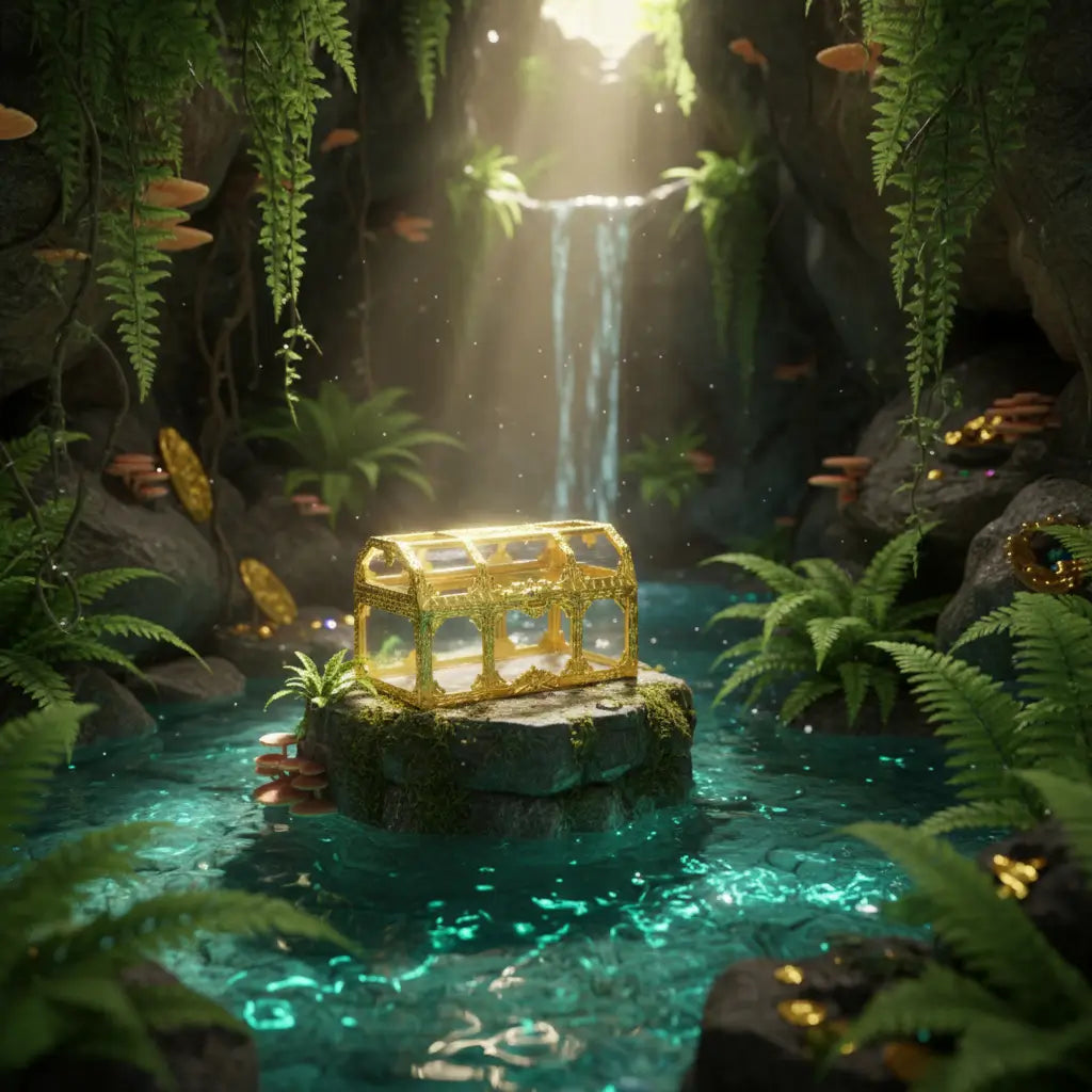 Mini-coffre transparent doré posé sur un rocher sous une cascade, ambiance trésor magique.