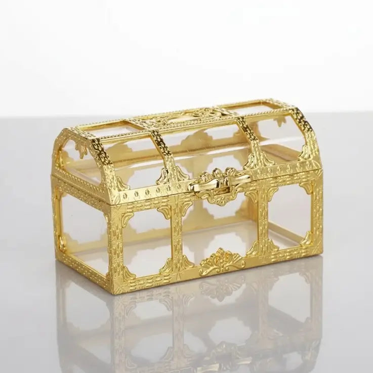 Mini-coffre transparent doré, reflets chauds et finition brillante sur fond clair.