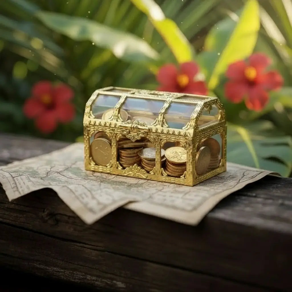 Mini-coffre transparent doré avec pièces d’or et fleurs rouges, ambiance trésor ensoleillé.