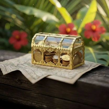 Mini-coffre transparent doré avec pièces d’or et fleurs rouges, ambiance trésor ensoleillé.