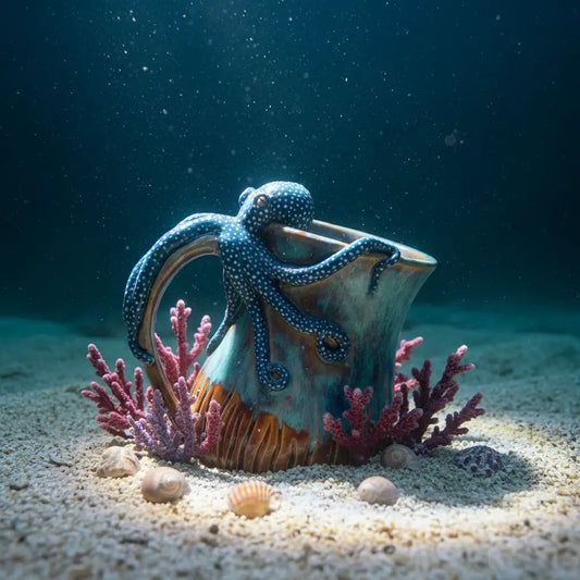 Mug Kraken des Mers posé sur le sable marin entouré de coraux colorés.
