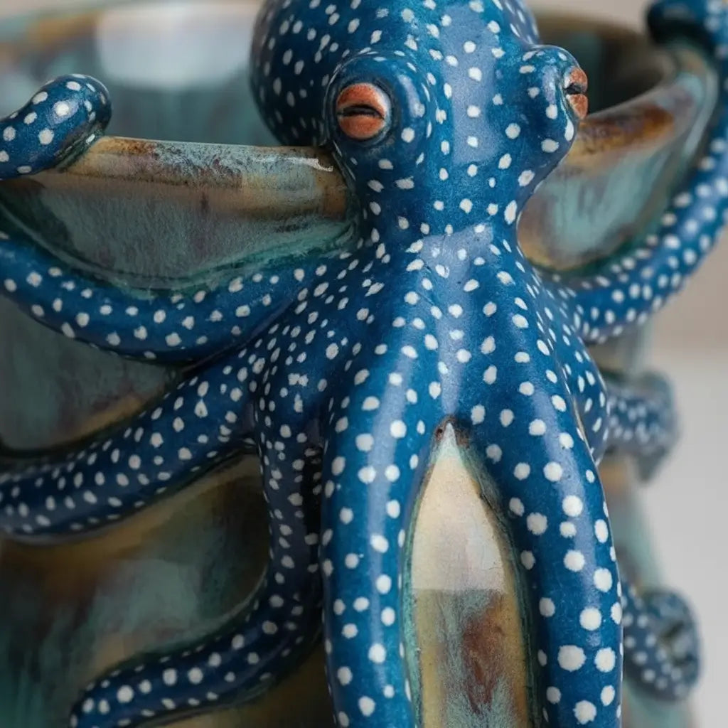Détail du mug Kraken des Mers montrant la tête et les tentacules sculptées.
