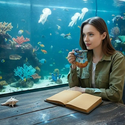 Femme avec le mug à la main, assise à une table en bois devant un aquarium avec un carnet ouvert face à elle.