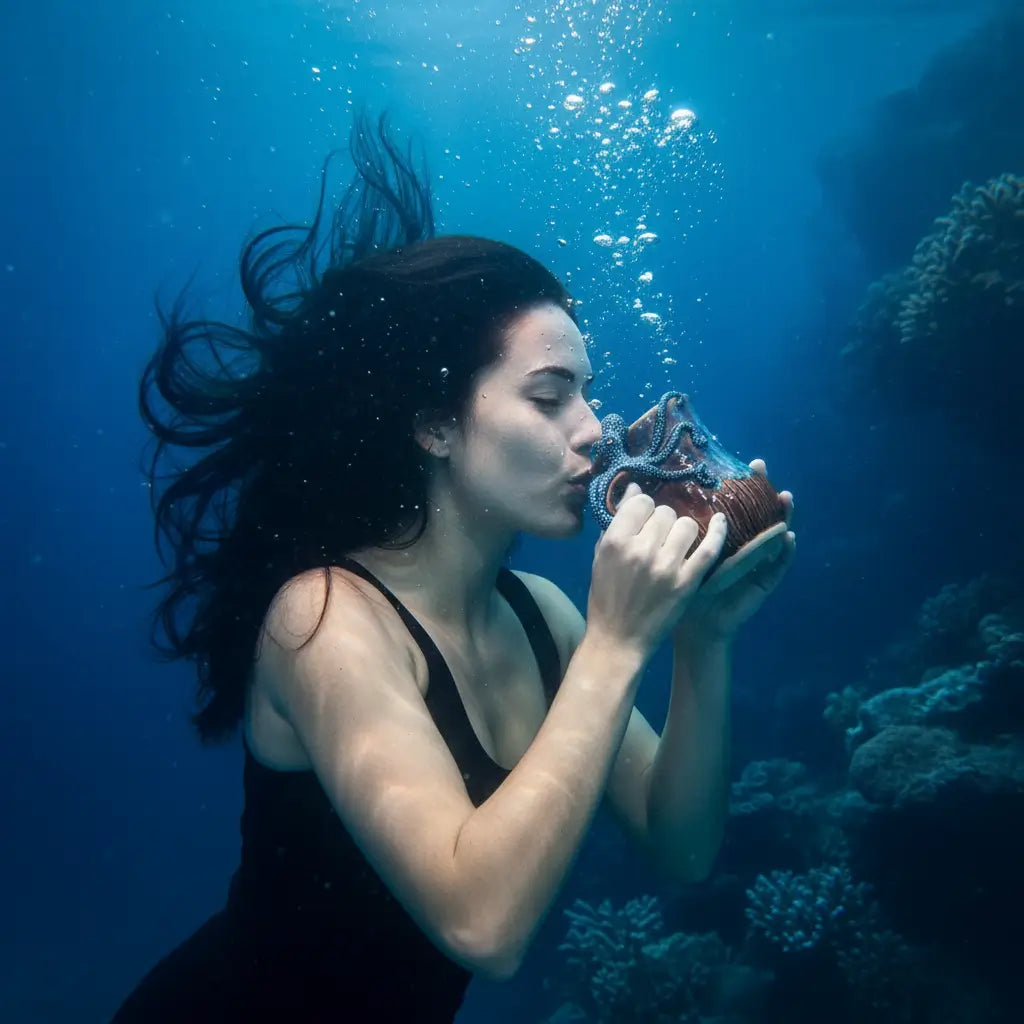 Femme buvant dans le mug Kraken des Mers sous l’eau dans les profondeur, scène immersive.