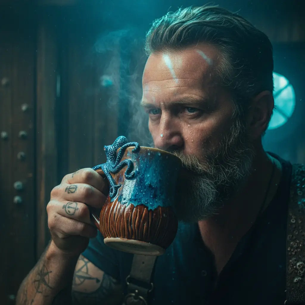 Homme barbu dans une cabine de navire dégustant une boisson fumante avec le mug Kraken des Mers.