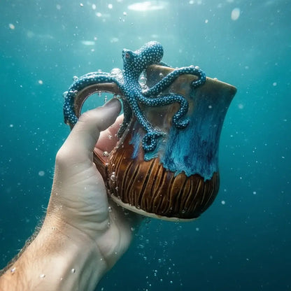 Main tenant le mug Kraken des Mers sous l’eau, ambiance abyssale.