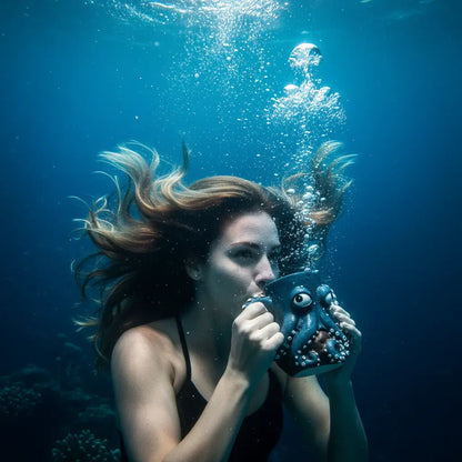 Femme buvant dans le mug Kraken des Profondeurs sous l’eau, scène immersive.