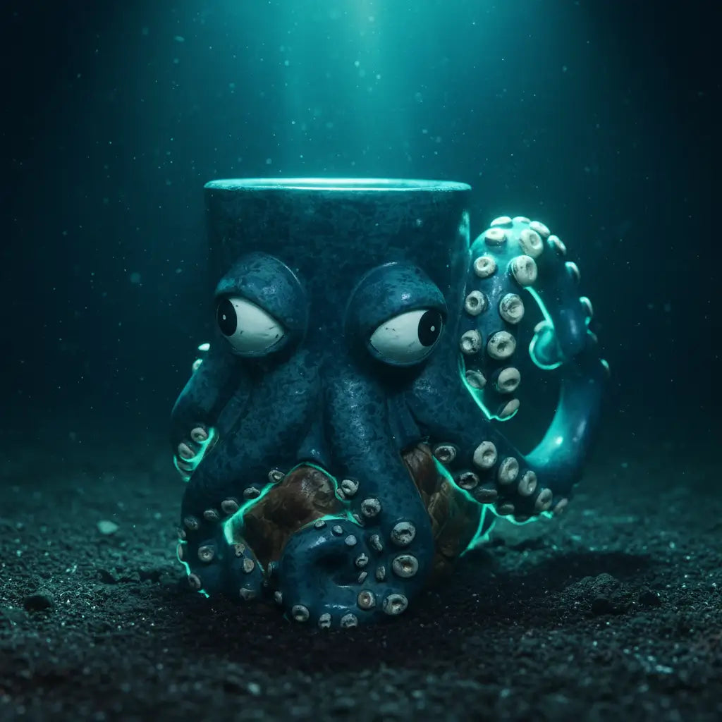 Mug Kraken des Profondeurs posé sur le sable noir des profondeurs abyssales.