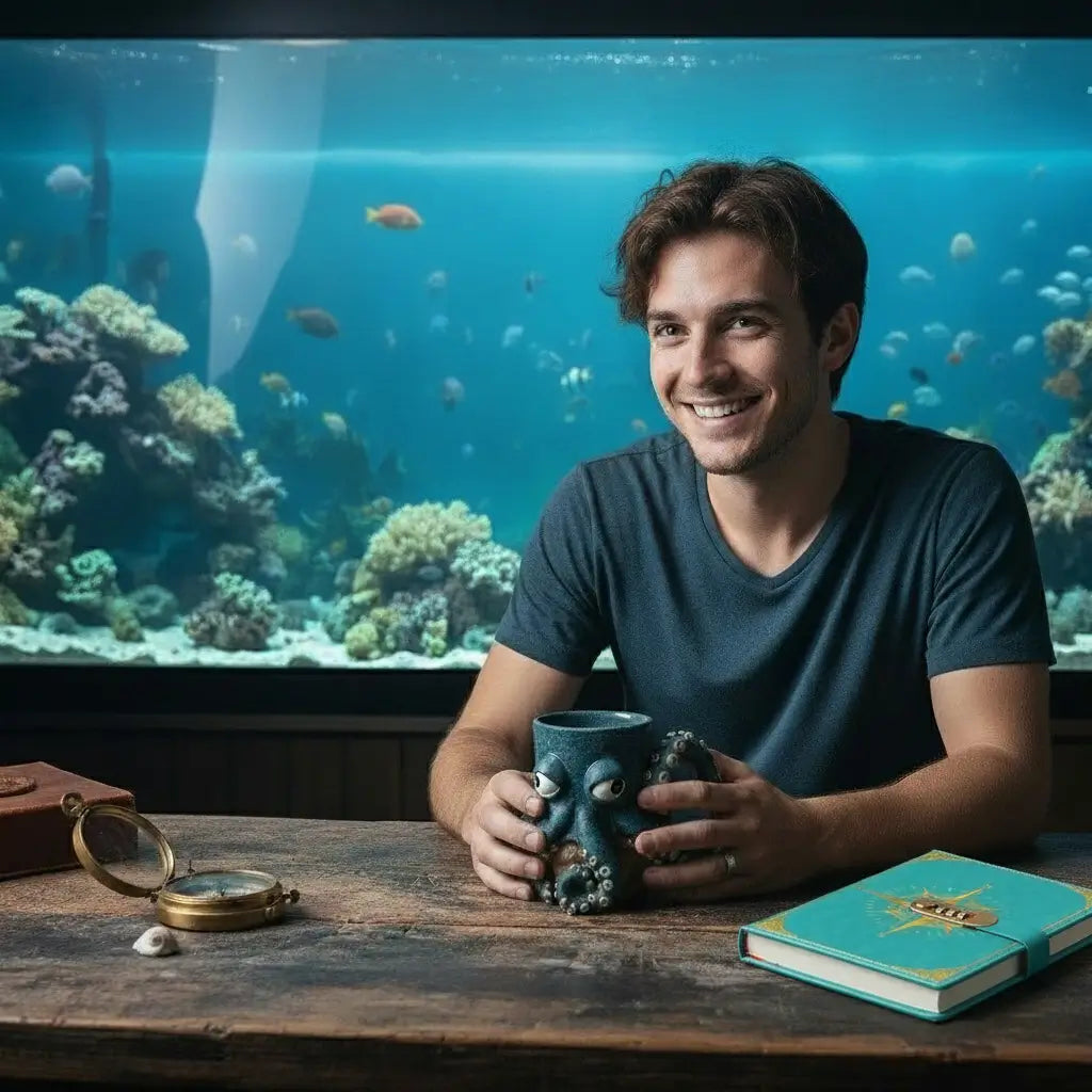 Jeune homme souriant avec le mug à la main, assis à une table en bois devant un aquarium avec un carnet.