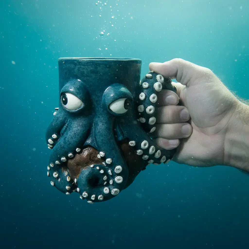 Main tenant le mug Kraken des Profondeurs sous l’eau, ambiance abyssale.