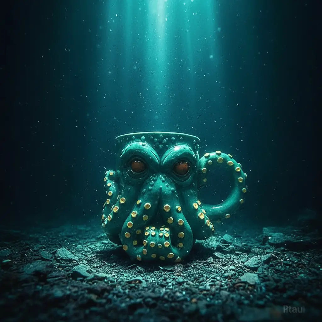 Mug Kraken Émeraude reposant sur le sable marin dans une lumière abyssale.