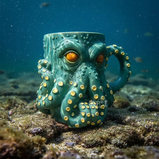 Mug Kraken Émeraude posé sur un fond marin près des coraux colorés.