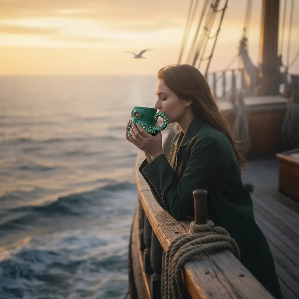 Femme savourant une boisson avec le mug Kraken Émeraude sur le pont d’un navire.